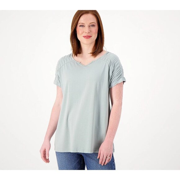 Laurie Felt Sage Cotton Rayon Made From Bamboo Smocked Shoulder Tee Size S - Picture 1 of 6